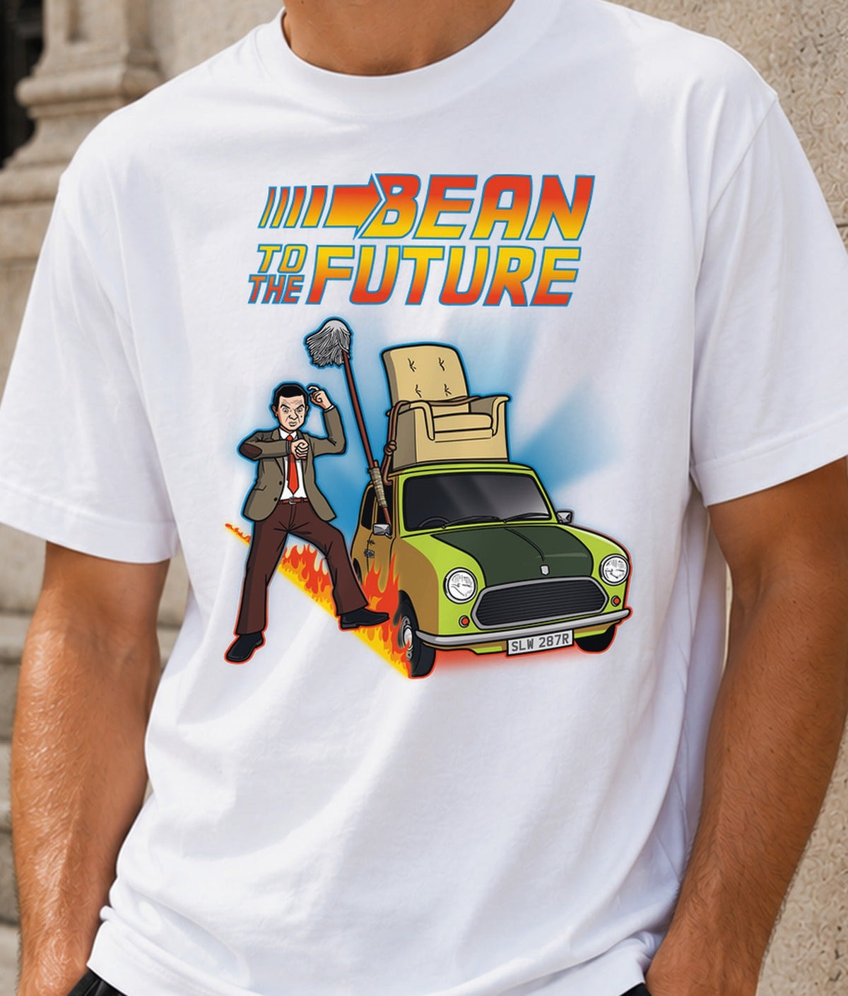Camiseta Bean to the Future – Parodia de Cine y Viajes en el Tiempo (blanca)