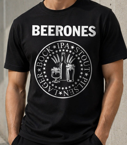 Camiseta Beerones – Parodia cervecera para roqueros (negra)