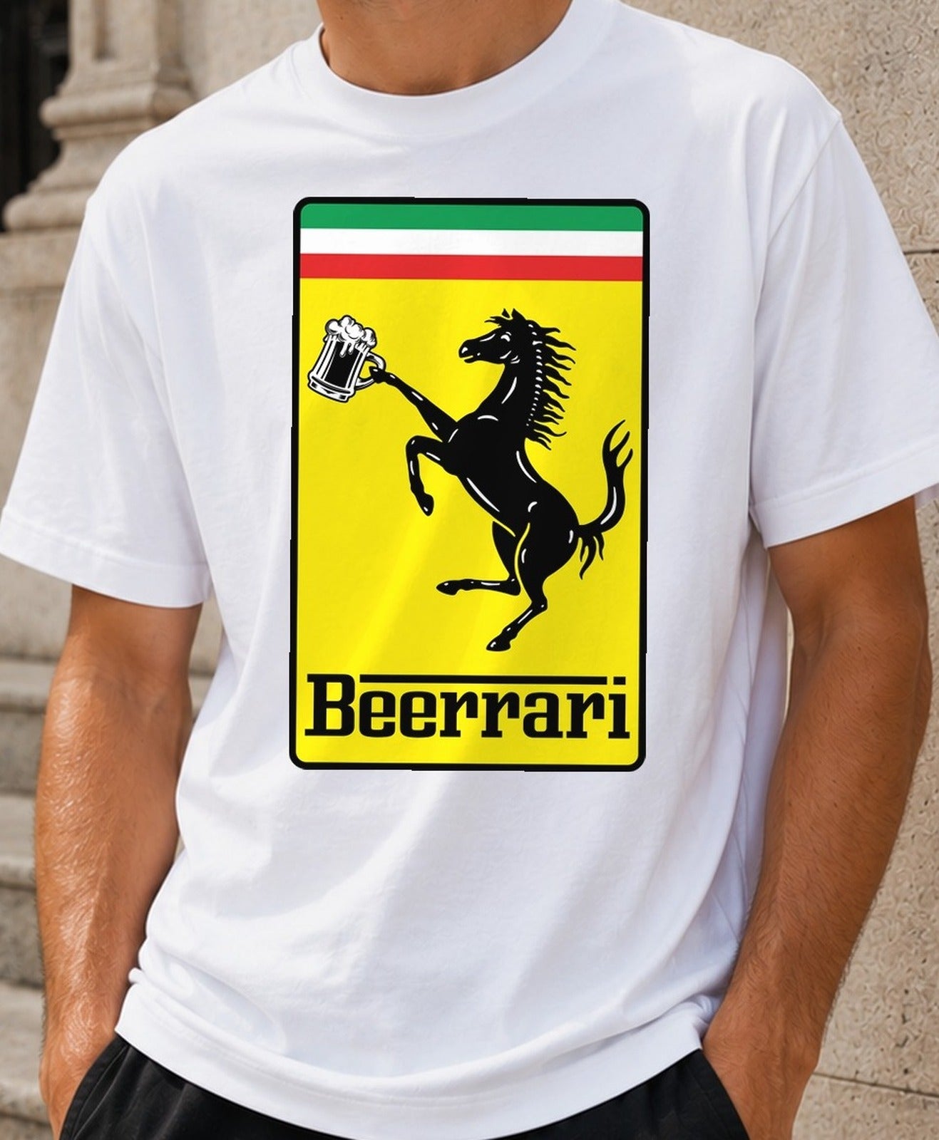 Camiseta Beerrari – Parodia para amantes de la cerveza (blanca)