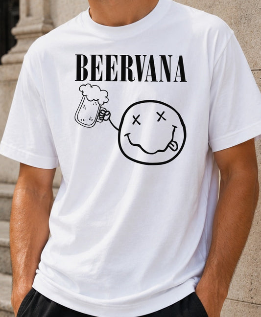 Camiseta Beervana – Parodia Rock para Cerveceros (blanca)