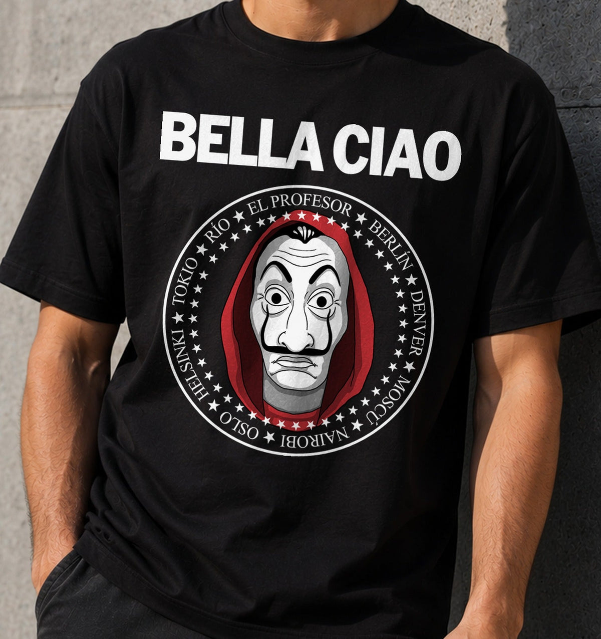 Camiseta Bella Ciao – Serie de Atracos con Máscara (negra)