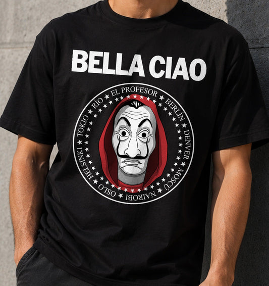Camiseta Bella Ciao – Serie de Atracos con Máscara (negra)