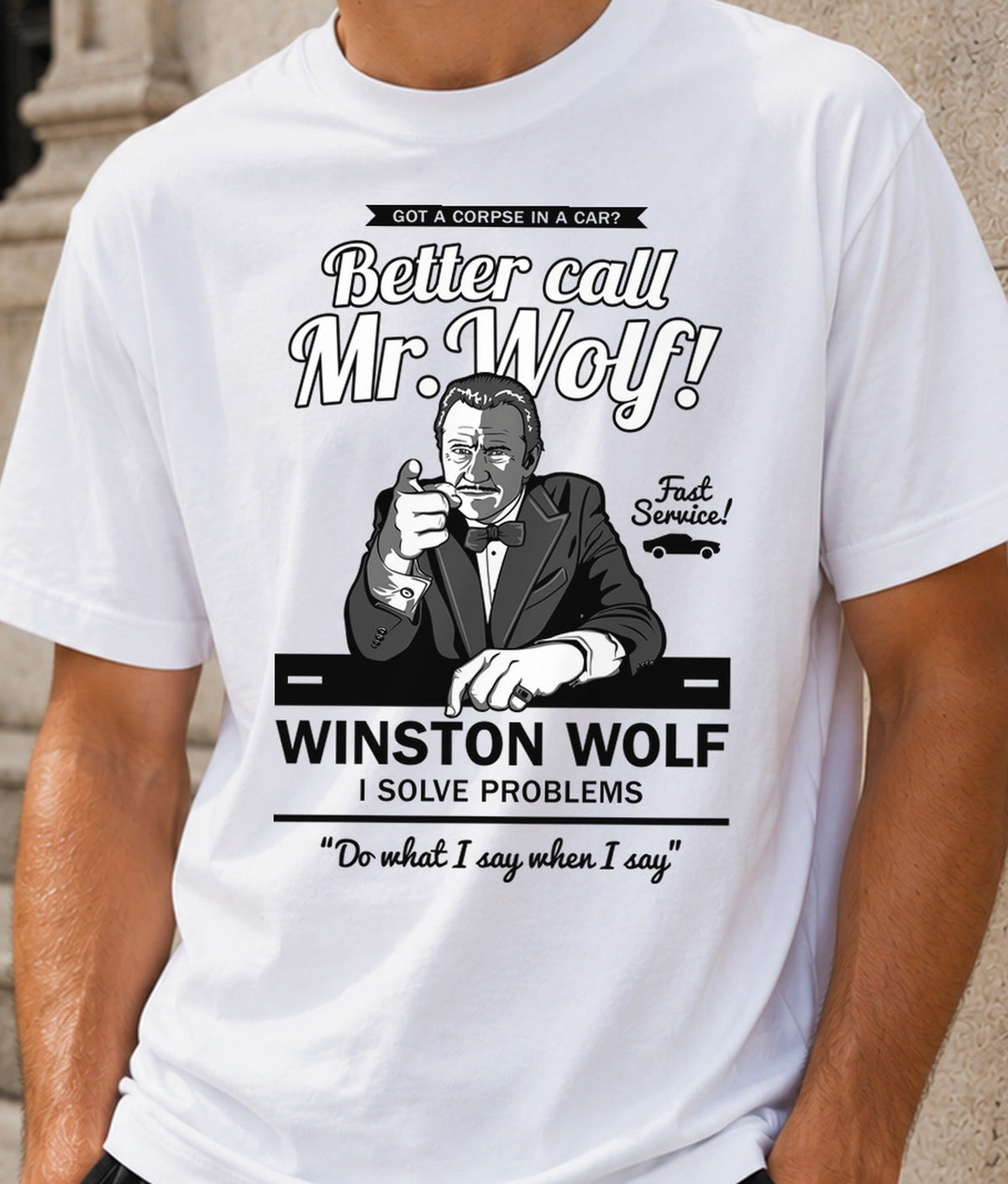 Camiseta Better Call Mr Wolf – Solucionador de Problemas de Cine de los 90 (blanca)