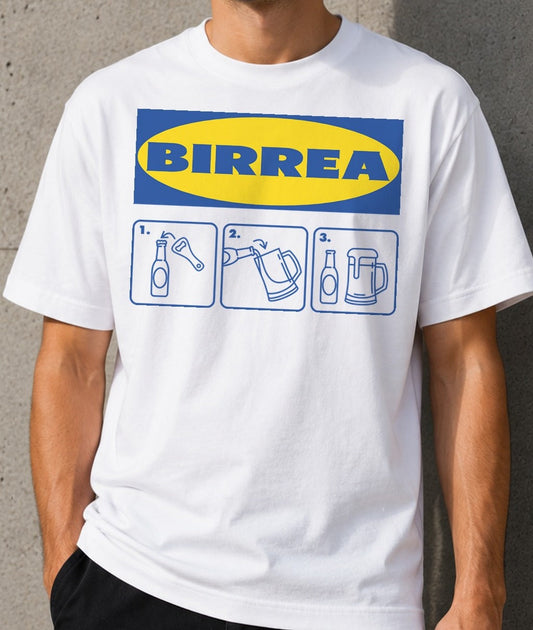Camiseta Birrea – Parodia de manual de montaje para cerveceros (blanca)
