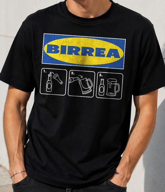 Camiseta Birrea – Parodia de manual de montaje para cerveceros (negra)