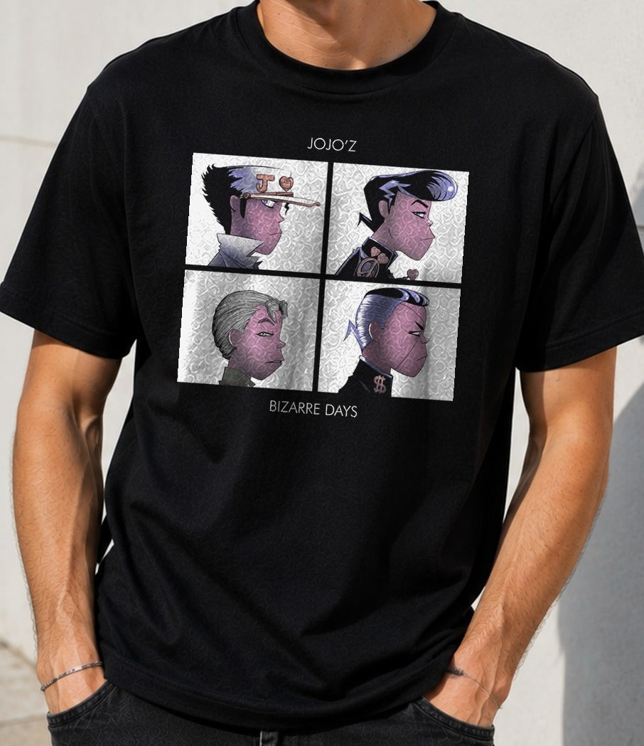 Camiseta Bizarre Days – Mashup JoJo x Gorillaz (negra)