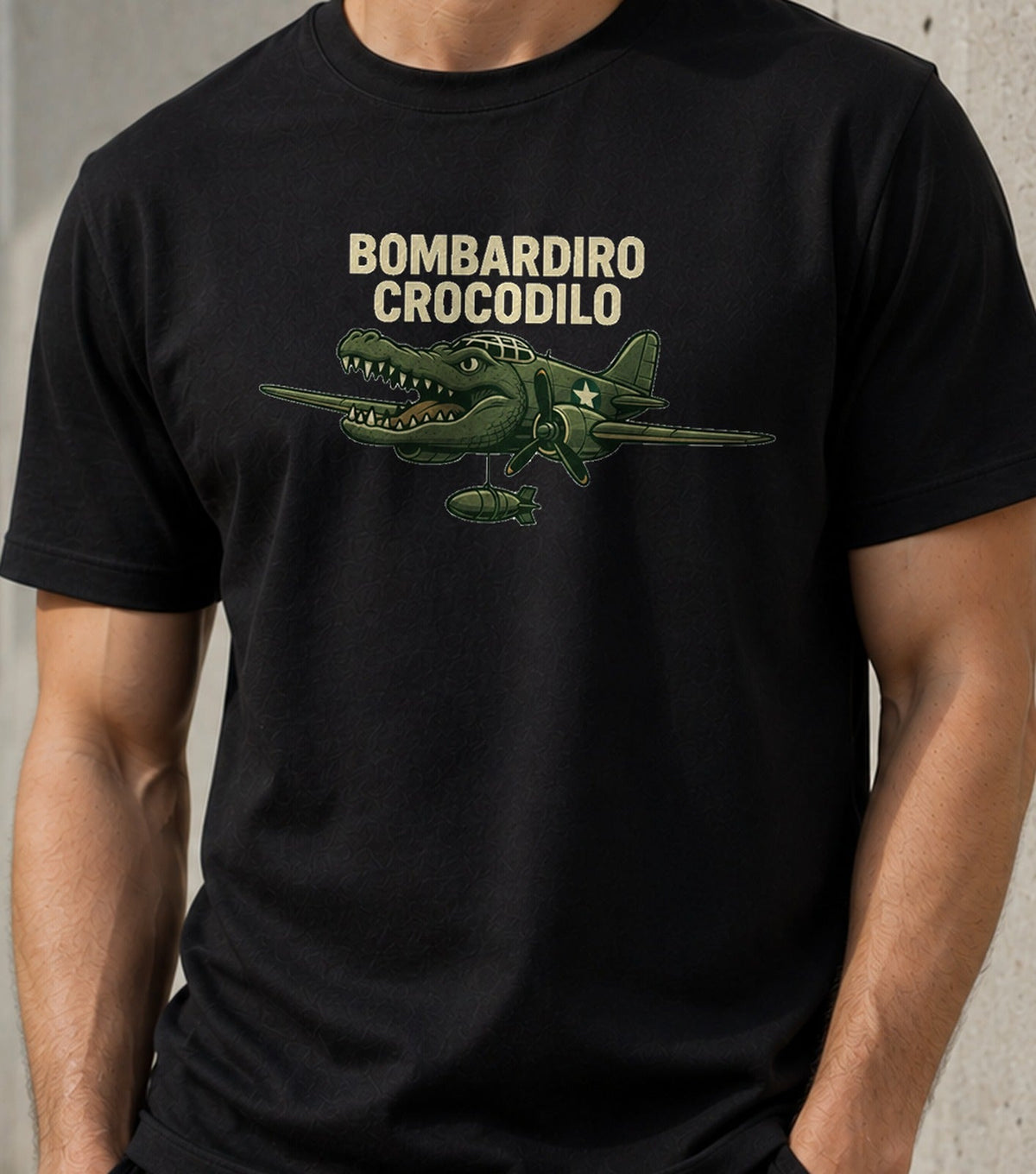 Camiseta Bombardiro Crocodilo – Meme Italian Brainrot (negra)
