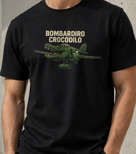Camiseta Bombardiro Crocodilo – Meme Italian Brainrot (negra)