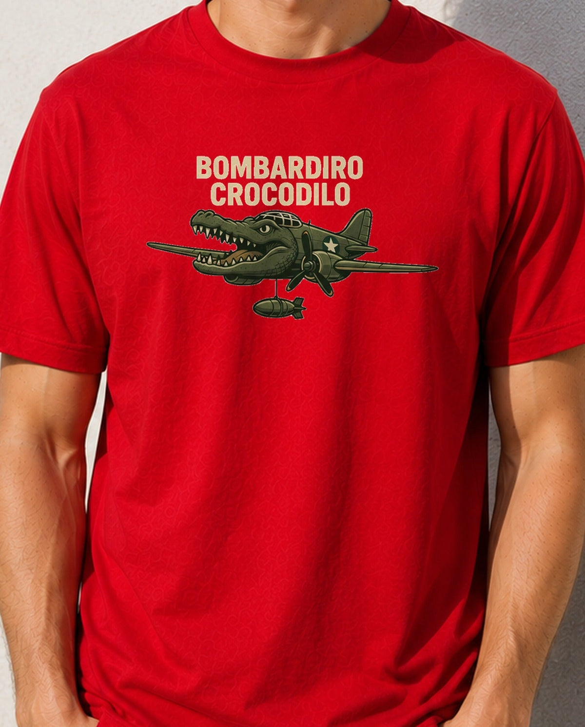 Camiseta Bombardiro Crocodilo – Meme Italian Brainrot (roja)