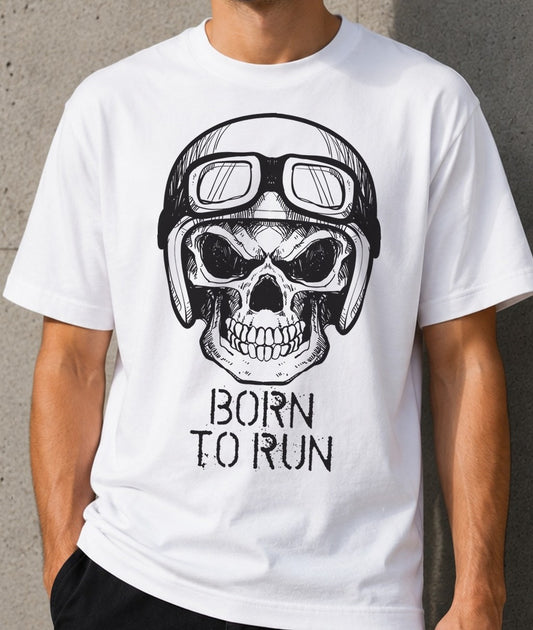 Camiseta Born To Run – Calavera Motera (blanca)