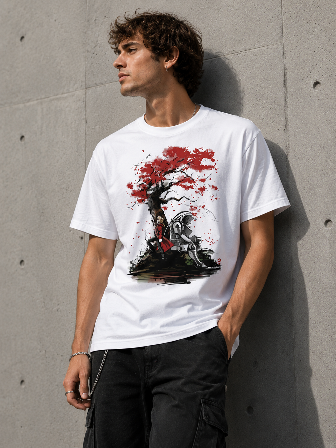 Camiseta blanca con ilustración de Edward y Alphonse Elric de Fullmetal Alchemist bajo un cerezo en flor, diseño de DDJVIGO