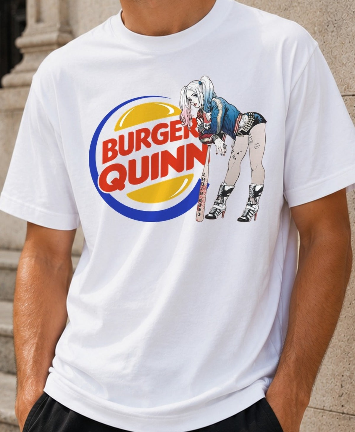 Camiseta Burger Quinn – Harley Quinn de DC Comics (blanca)
