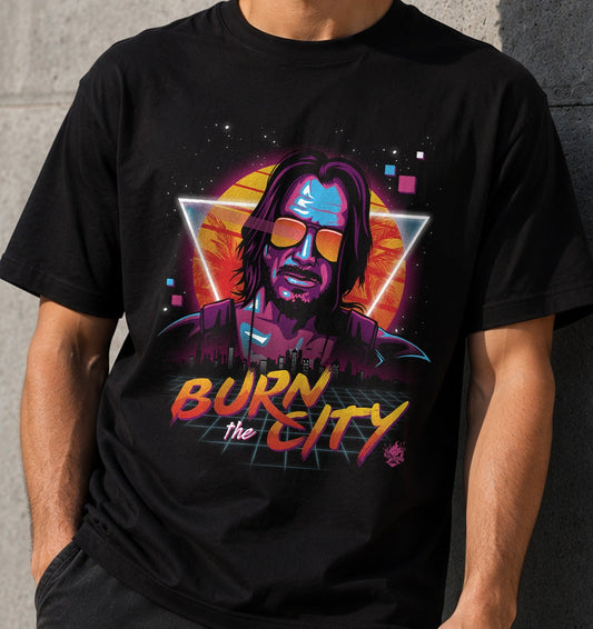 Camiseta Burn the City – Estética Synthwave Ochentera (negra)
