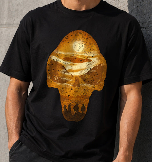 Camiseta Call of the Skull – Calavera y Ovni Alienígena (negra)