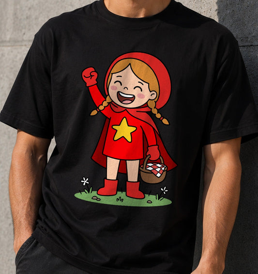 Camiseta Caperucita Muy Roja – Superheroína de Cuento (negra)