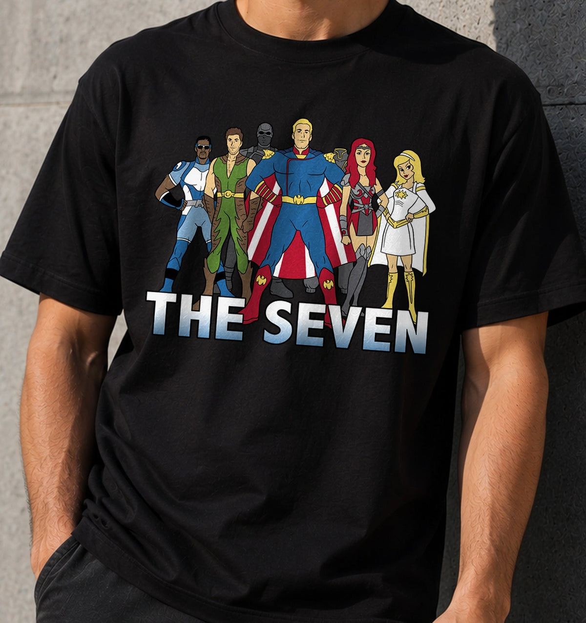 Camiseta Cartoon Seven – Parodia de Superhéroes Animados (negra)