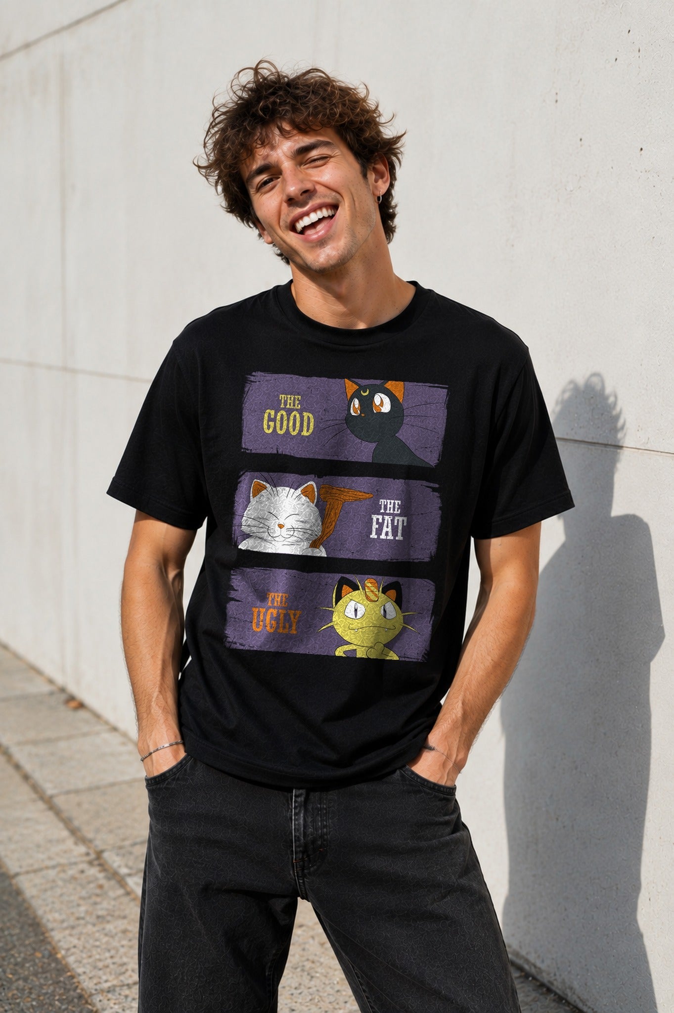 Camiseta Catnime – Gatos de anime (negra)