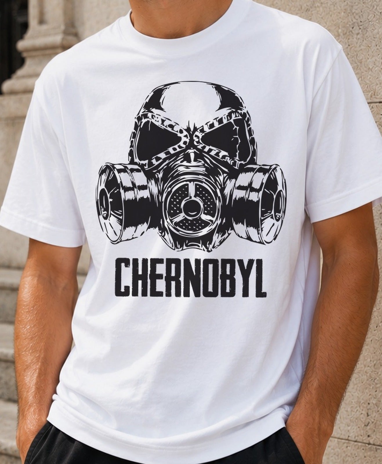 Camiseta Chernobyl – Máscara de Gas Nuclear (blanca)