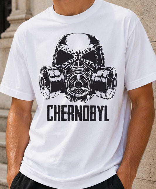 Camiseta Chernobyl – Máscara de Gas Nuclear (blanca)
