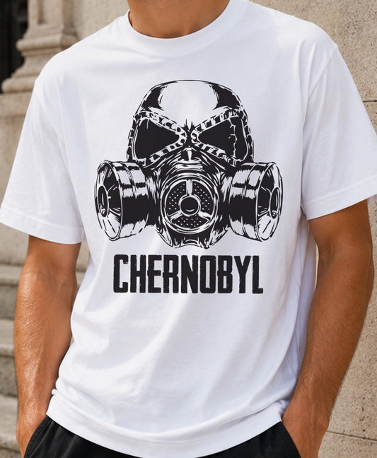 Camiseta Chernobyl – Máscara de Gas Nuclear (blanca)