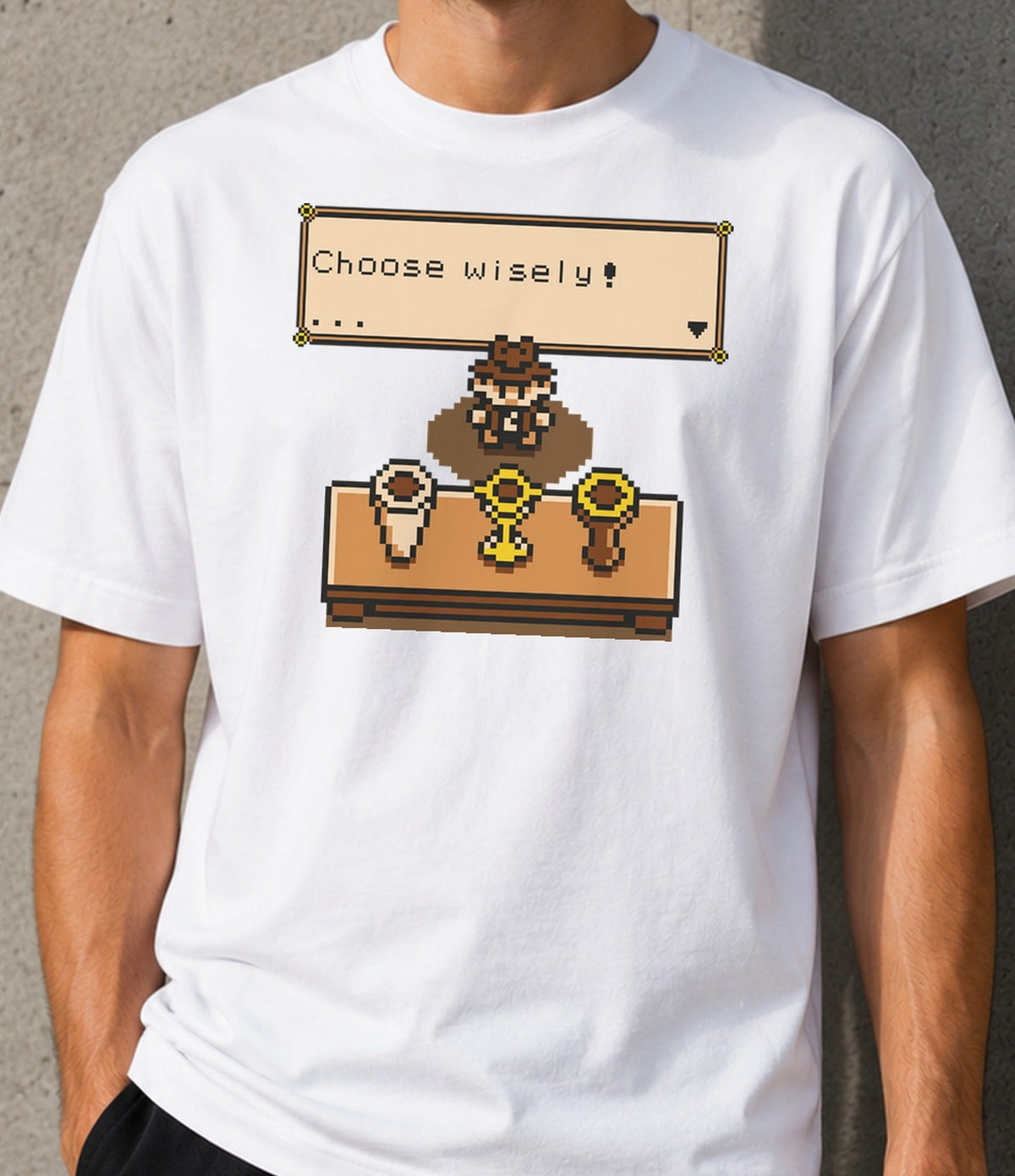 Camiseta Choose your Grail – El Cáliz Sagrado en Pixel Art (blanca)