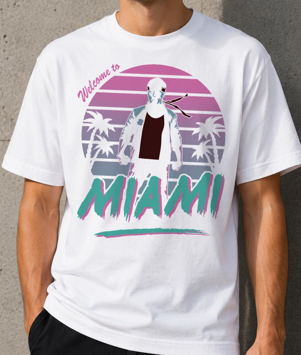 Camiseta City of Fury – Estética Miami Vice Retrowave (blanca)