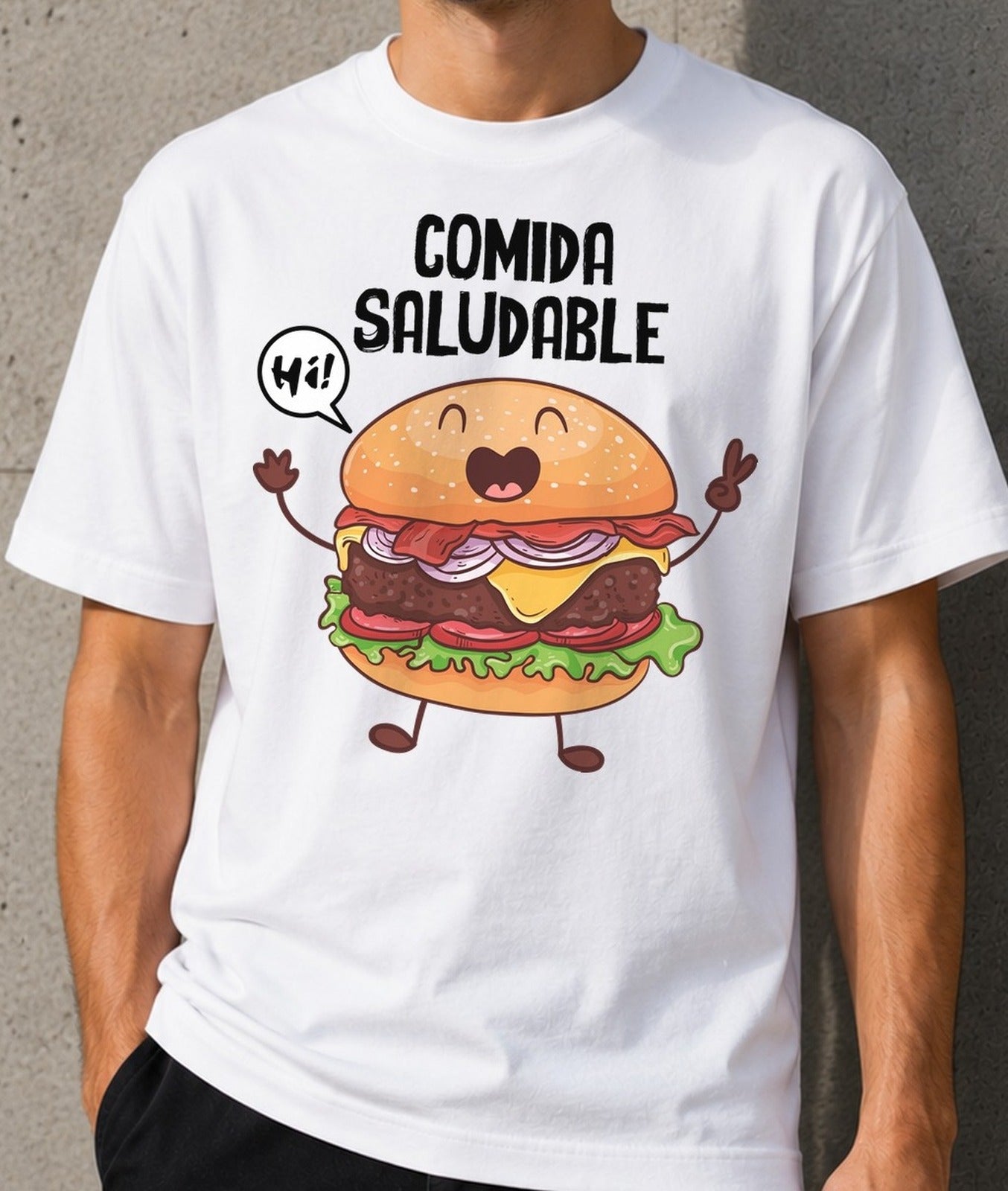 Camiseta Comida Saludable – Hamburguesa Irónica (blanca)