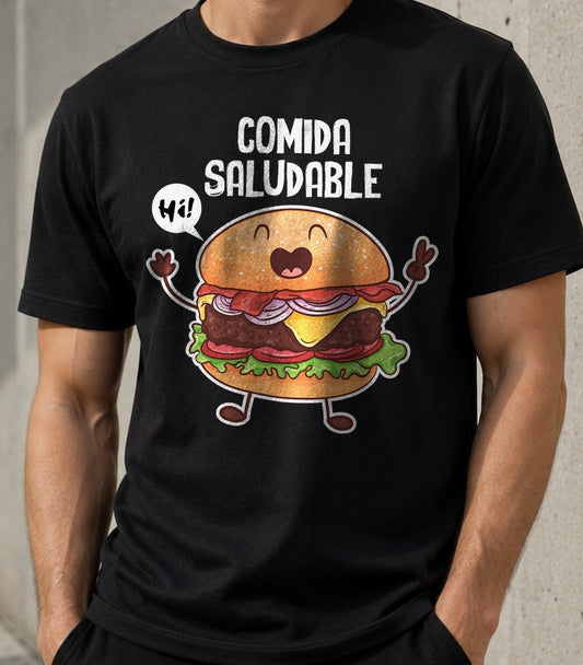 Camiseta Comida Saludable – Hamburguesa Irónica (negra)