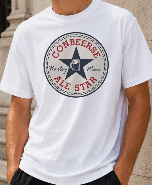 Camiseta Conbeerse Ale Star – Parodia cervecera (blanca)