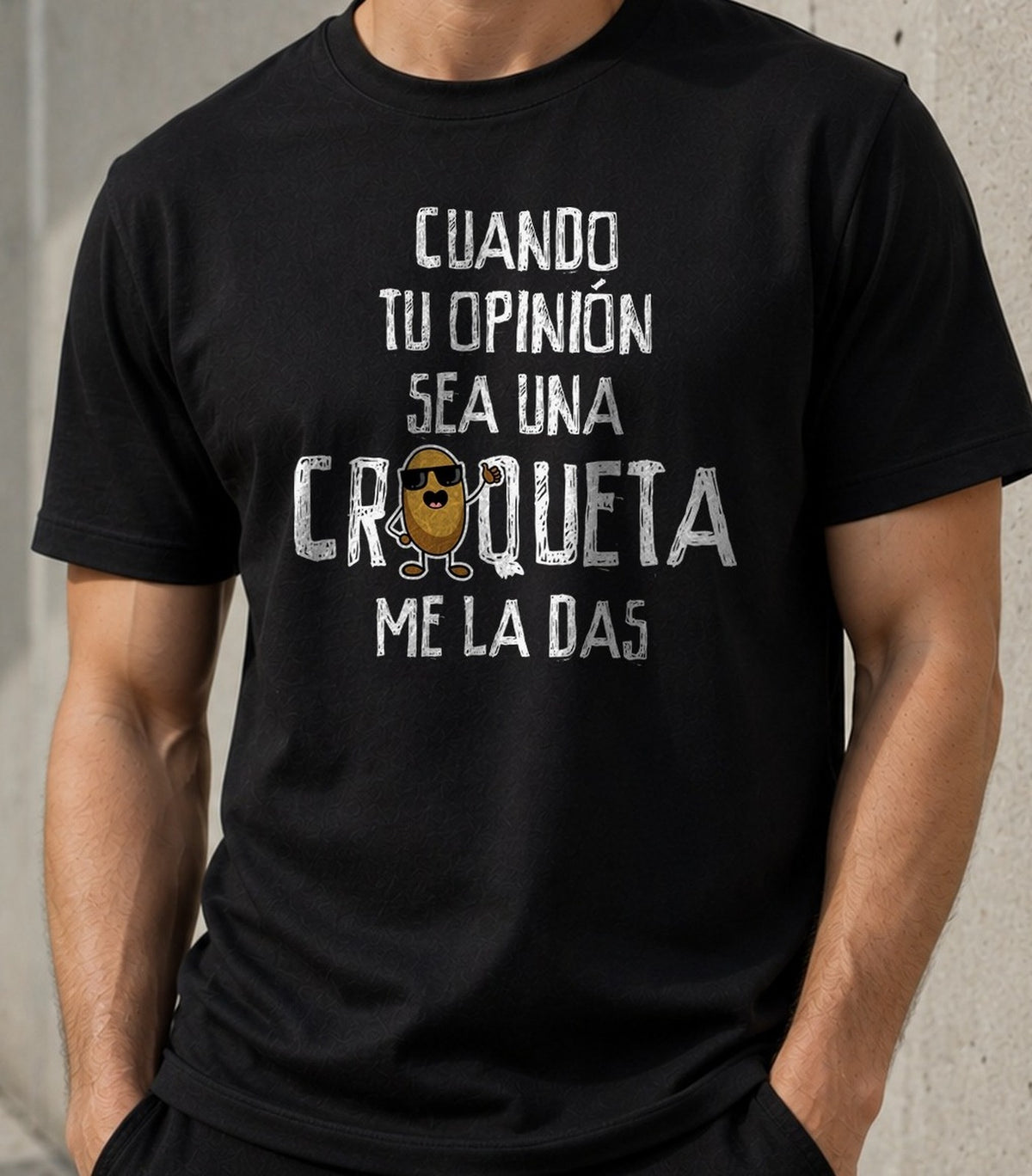 Camiseta Cuando tu Opinión sea una Croqueta – Regalo Frikicomida (negra)
