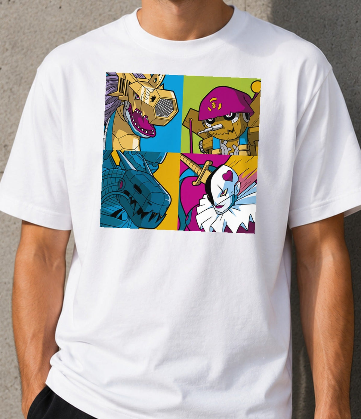 Camiseta Dark Masters Pop – Villanos de Anime en Pop Art (blanca)