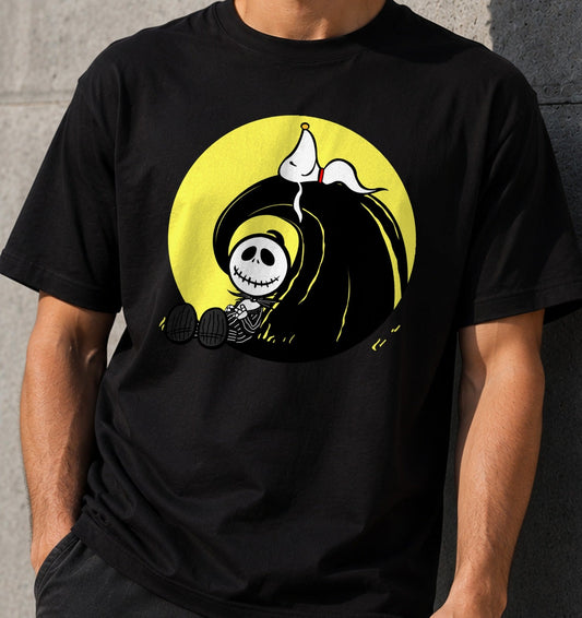 Camiseta Esqueleto y Perrito en la Luna – Halloween (negra)