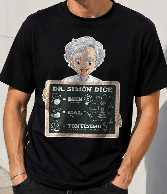 Camiseta Dr Simón Dice – Humor Científico (negra)