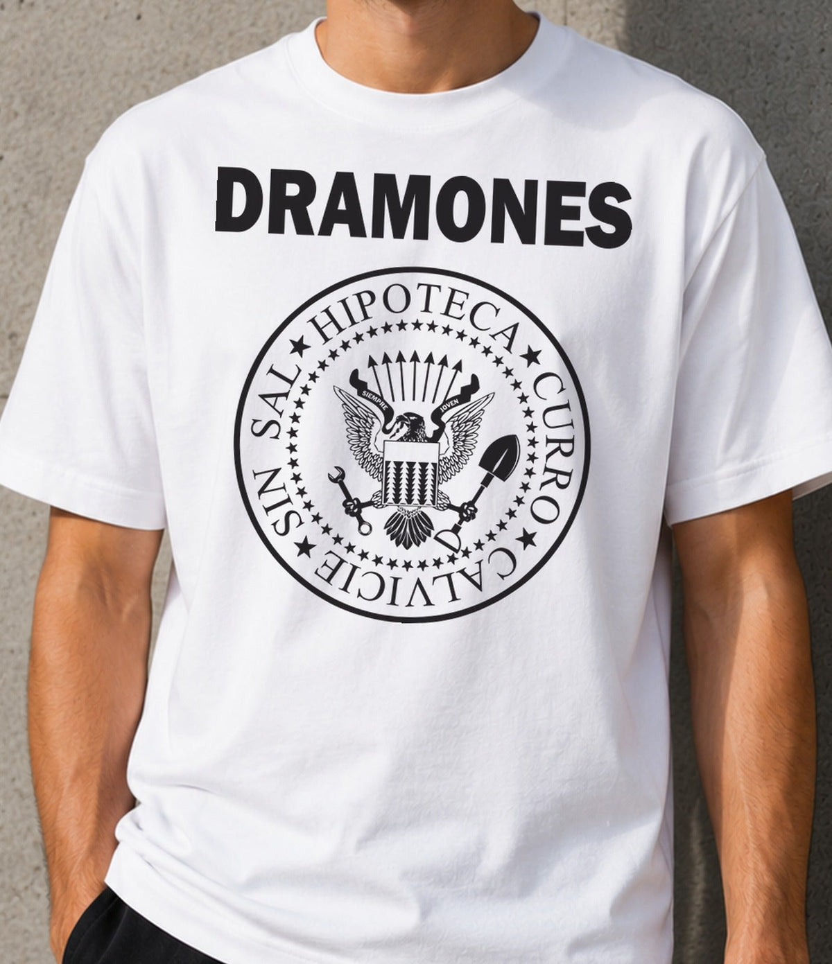 Camiseta Dramones Adulto – Regalo para currantes con hipoteca (blanca)