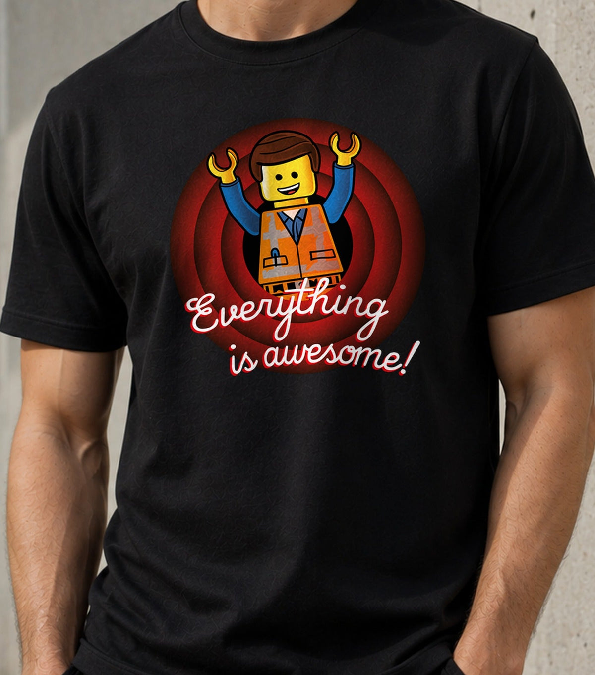Camiseta Everything is awesome – Muñeco de Bloques Feliz (negra)