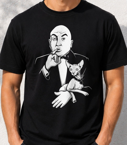 Camiseta Evilfather – Villano Calvo de Comedia y Gato sin Pelo (negra)