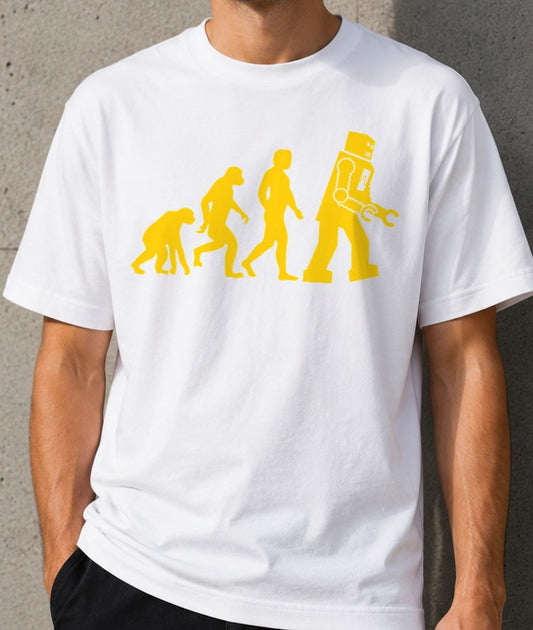 Camiseta Evolución Robot Sheldon Cooper – Big Bang Theory (blanca)