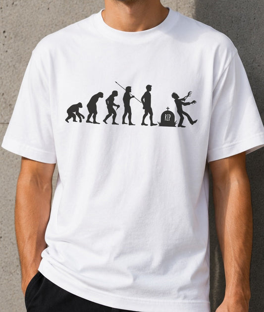 Camiseta Evolución Zombie – Regalo para frikis del terror (blanca)