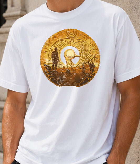 Camiseta Finding the Ark – Medallón Arqueológico de Aventuras (blanca)