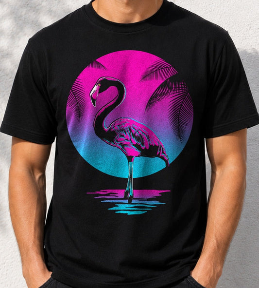 Camiseta Flamingo in Retro – Estilo Vaporwave (negra)