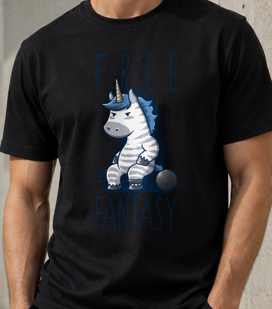 Camiseta Free Fantasy – Unicornio Cebra en la Cárcel (negra)