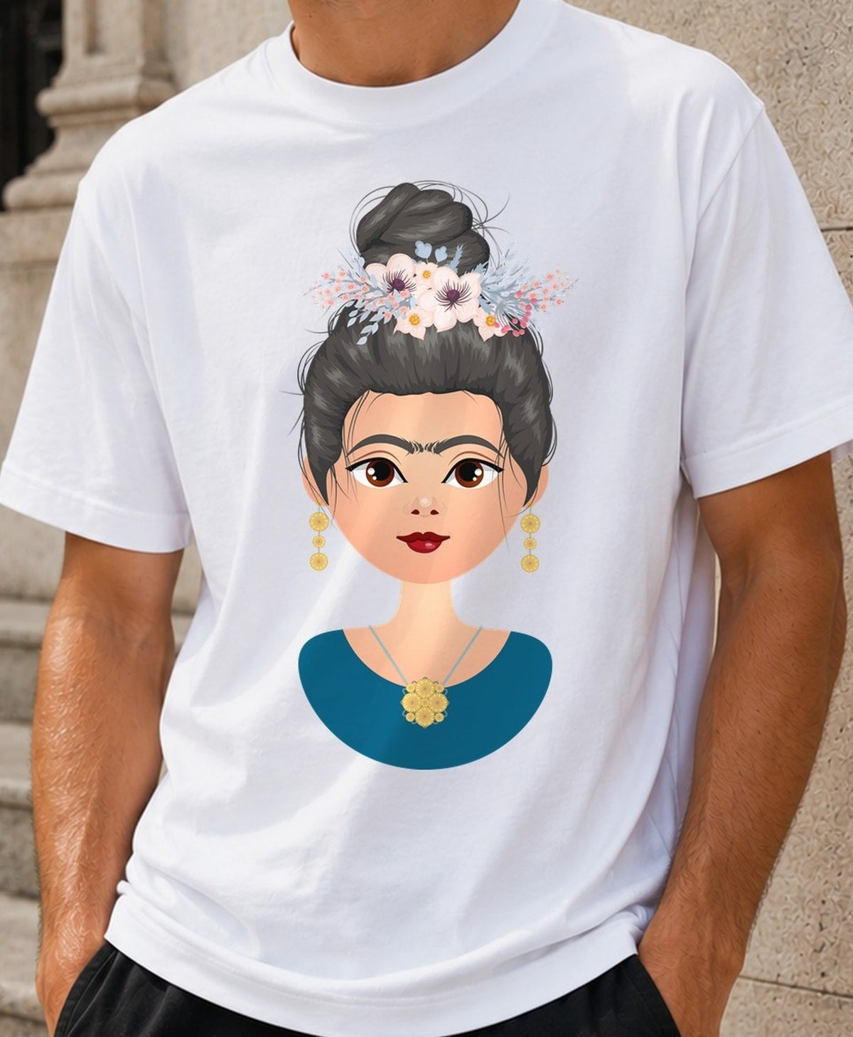 Camiseta Frida Kahlo – Retrato Floral (blanca)