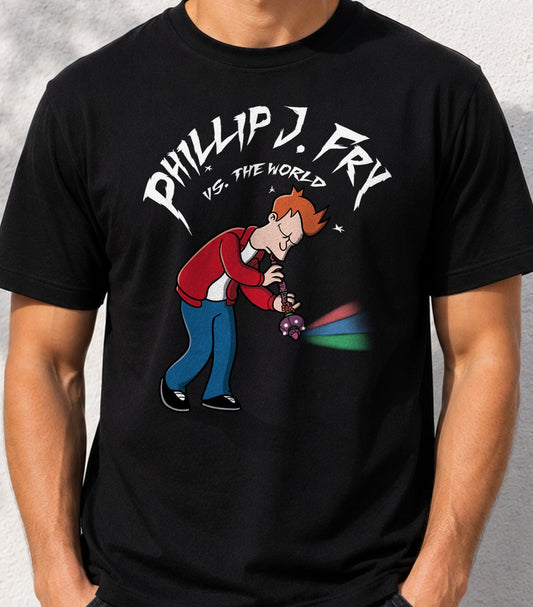 Camiseta Fry vs The World – Ciencia Ficción Animada (negra)