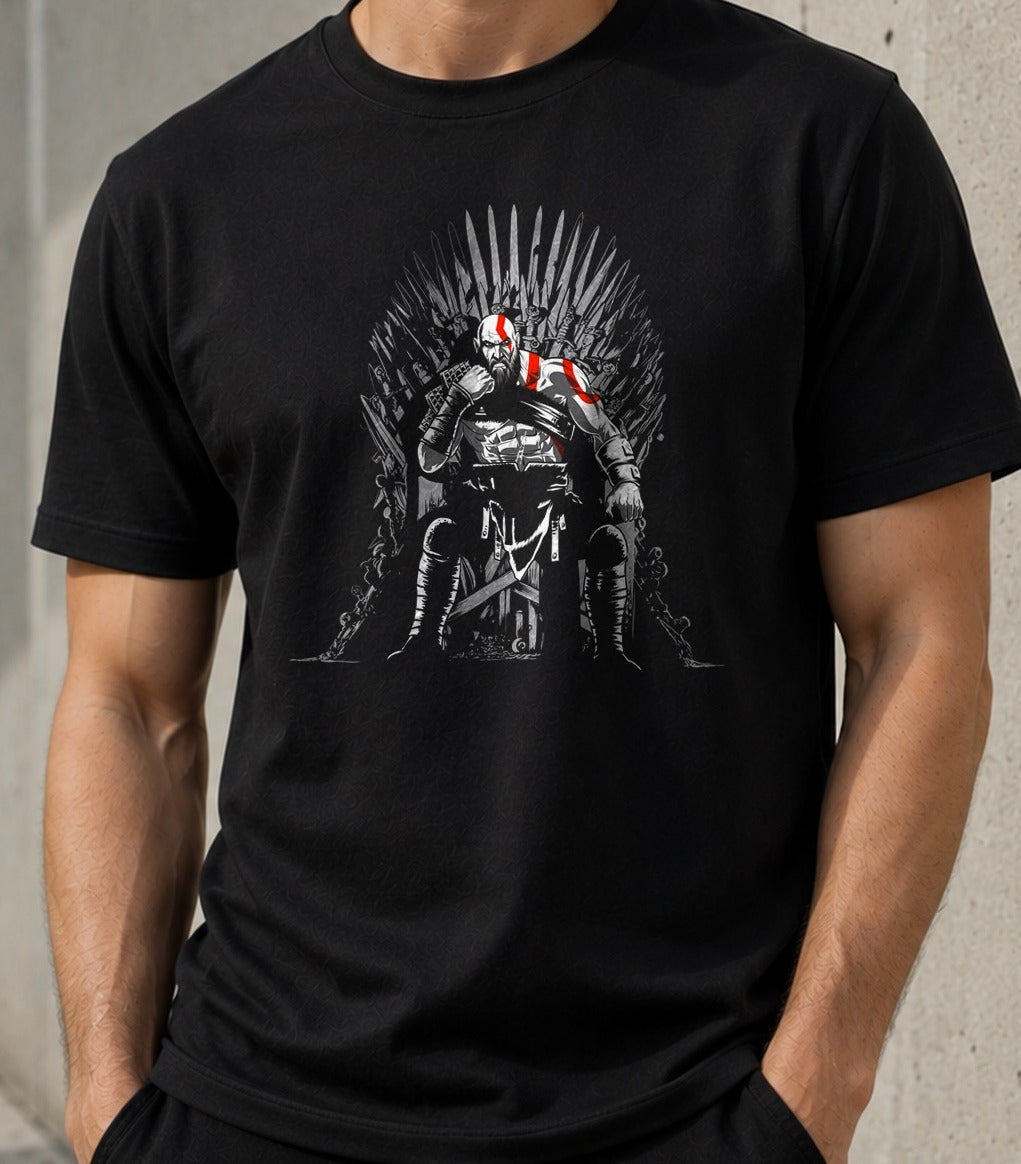 Camiseta Game of Gods – Kratos en el Trono de Hierro (negra)