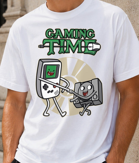 Camiseta Gaming Time – Retro Gaming y Dibujos Animados (blanca)