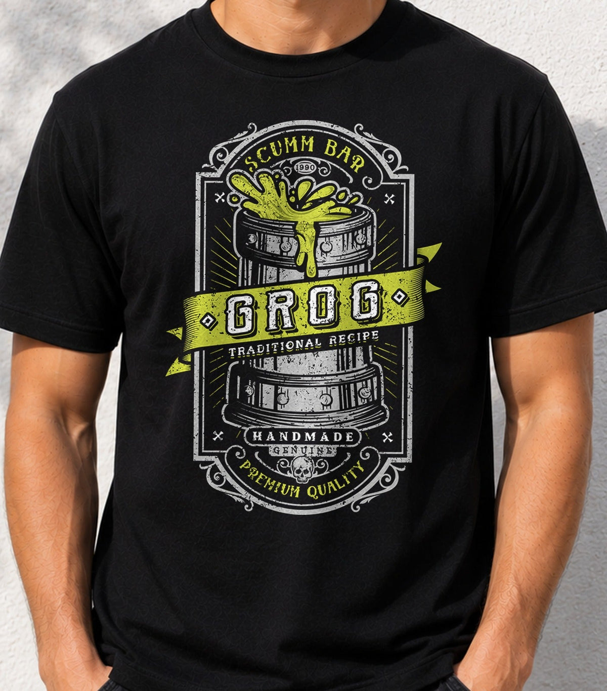Camiseta Genuine Grog – Etiqueta Pirata Retro (negra)