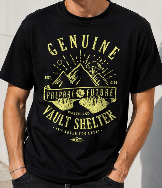 Camiseta Genuine Vault – Refugio Nuclear Retro Postapocalíptico (negra)