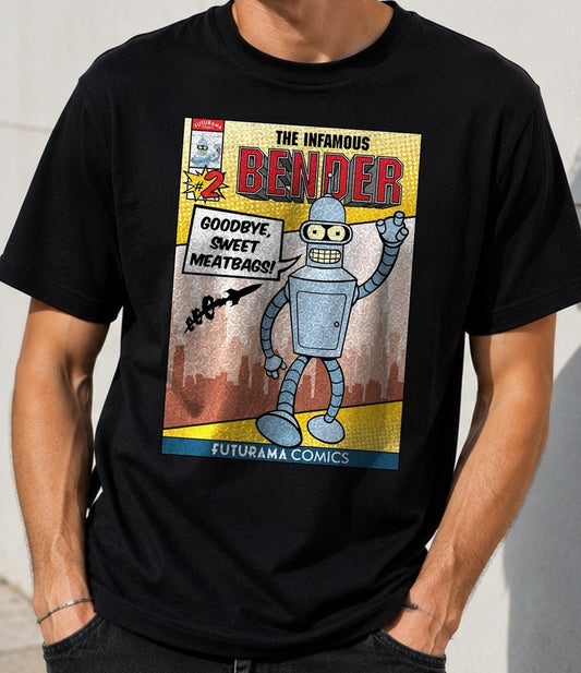 Camiseta Goodbye Sweet Meatbags – Bender de Futurama (negra)