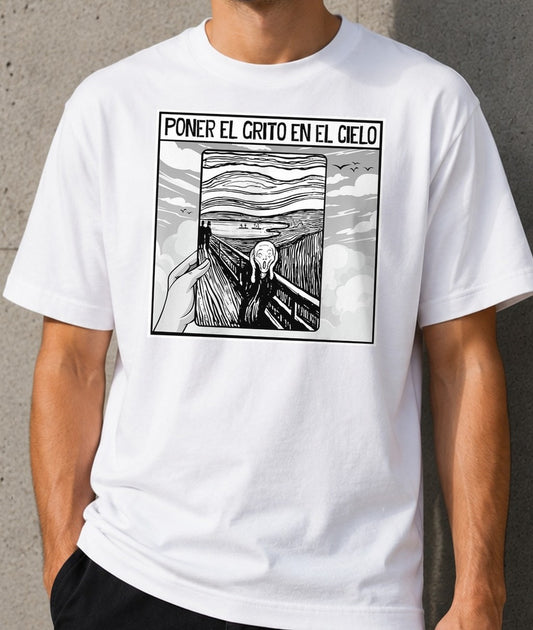 Camiseta El Grito en el Cielo – Parodia de El Grito de Munch (blanca)
