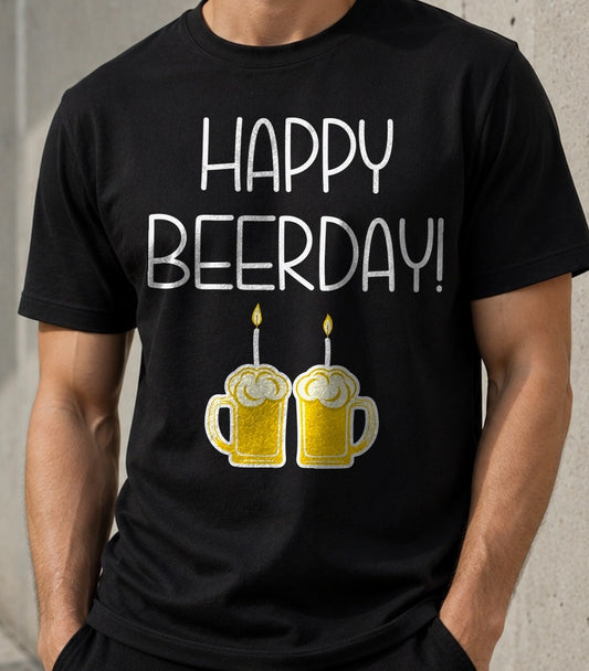 Camiseta Happy Beerday – Regalo de cumpleaños cervecero (negra)